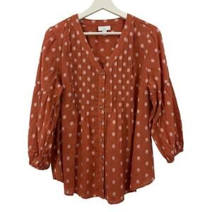 J.Jill Women’s Large Orange White Floral Button Up Flowy Pleated Shirt Size S